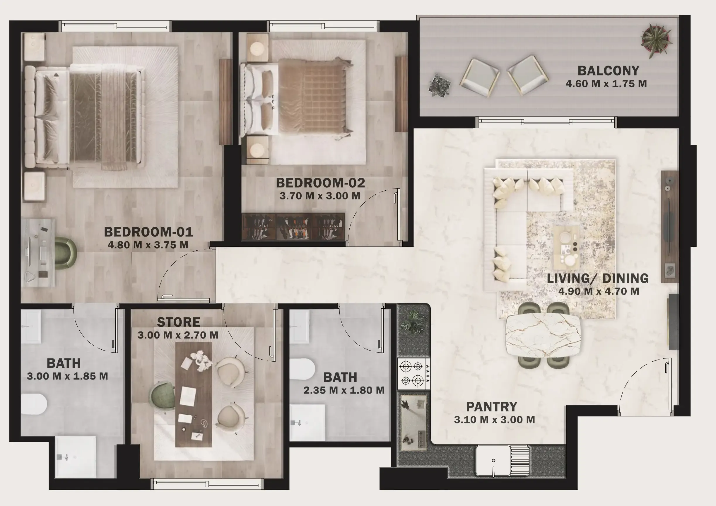 VOI Residence 2 bed floor plan, 995 sqft