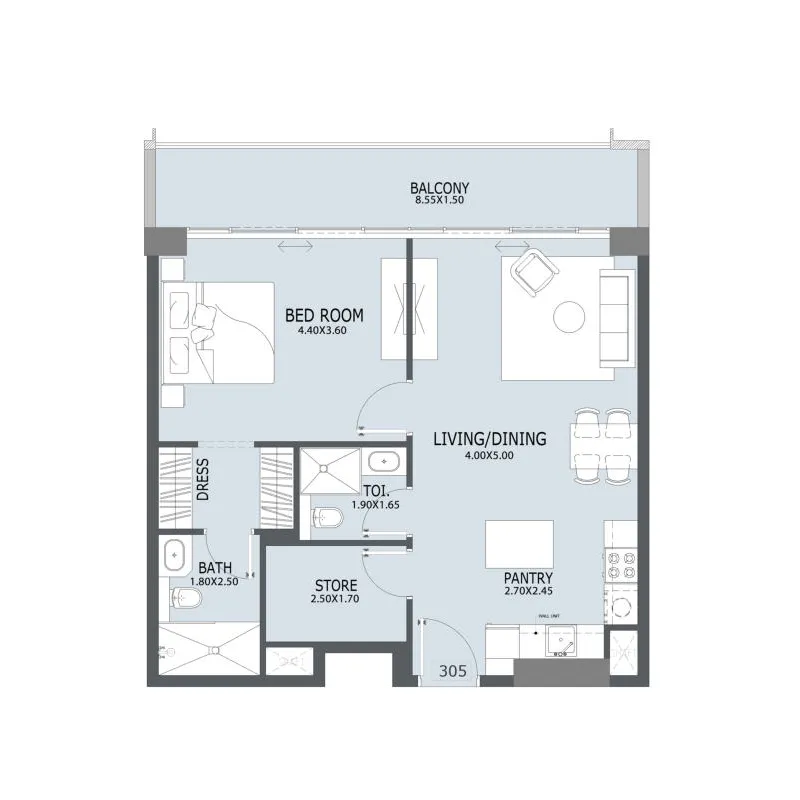 Al Ghaf 2 1 bed floor plan, 862 sqft