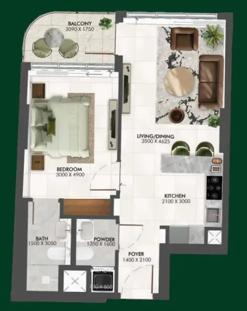 Enchante 1 bed floor plan, 668 sqft