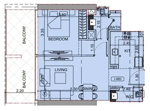 Binghatti Cullinan 1 bed floor plan, 728 – 739 sqft