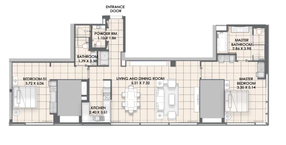 Vida Dubai Marina 2 bed floor plan, 1,591 sqft