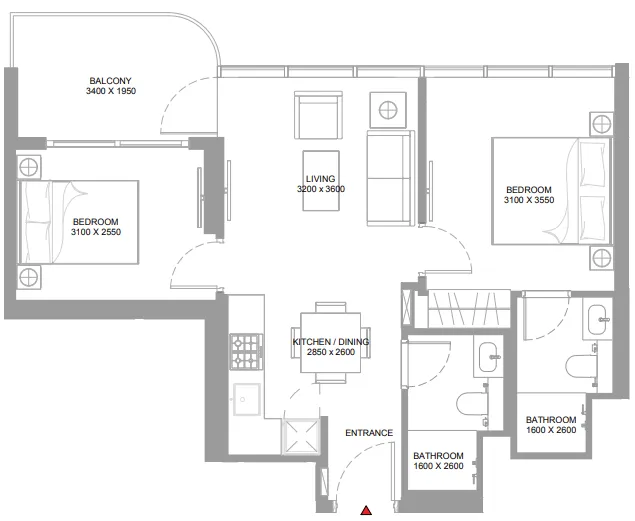 Yachtside Marina Residences 2 bed floor plan, 686 – 688 sqft
