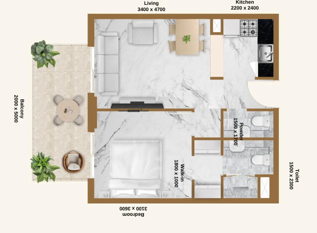 RR Residence 1 bed floor plan, 652 – 687 sqft