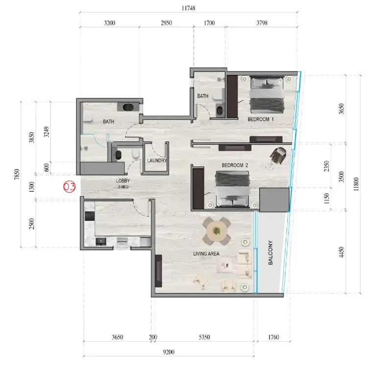 Al Ghaf Tower 2 bed floor plan, 1,274 – 1,278 sqft