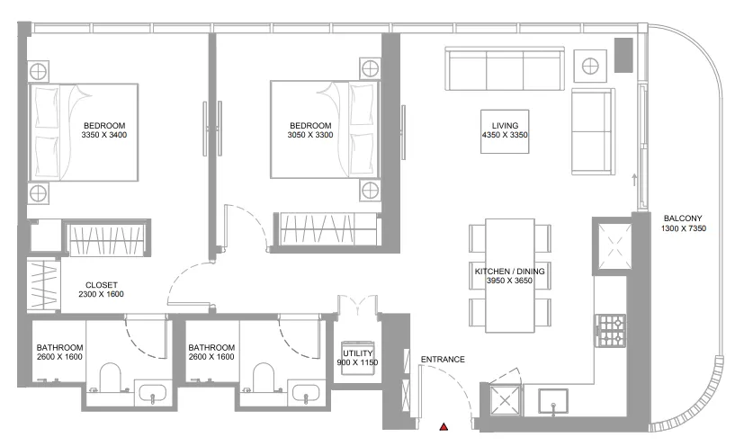 Bayfront Marina Residences 2 bed floor plan, 988 – 989 sqft