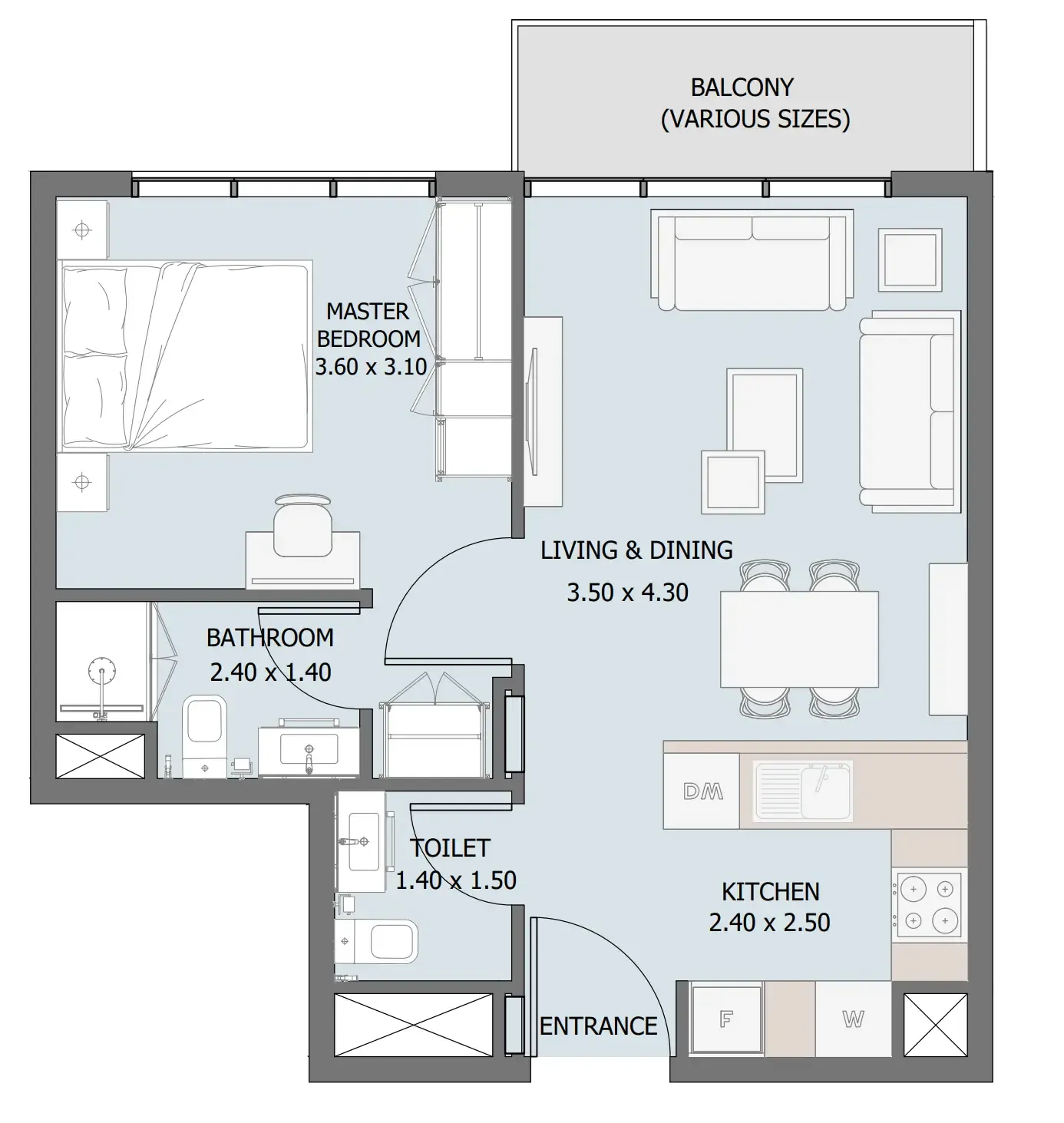Verdana III 1 bed floor plan, 539 – 590 sqft