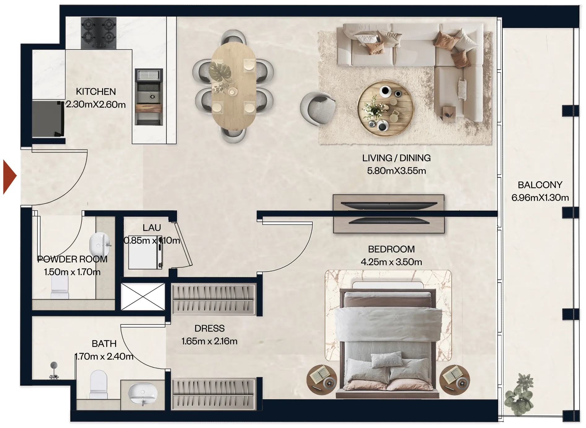 Norah Residence 1 bed floor plan, 764 sqft