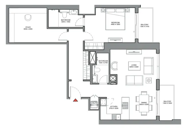 350 Riverside Crescent 1 bed floor plan, 1,145 sqft