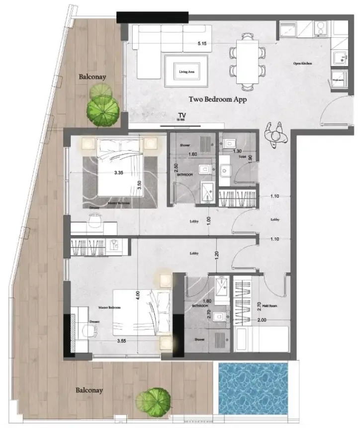 Saray Prime Residence 2 bed floor plan, 1,285 sqft