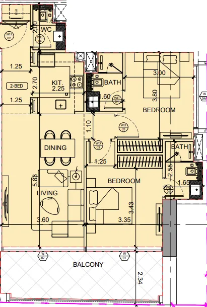 Binghatti Moonlight 2 bed floor plan, 1,025 sqft