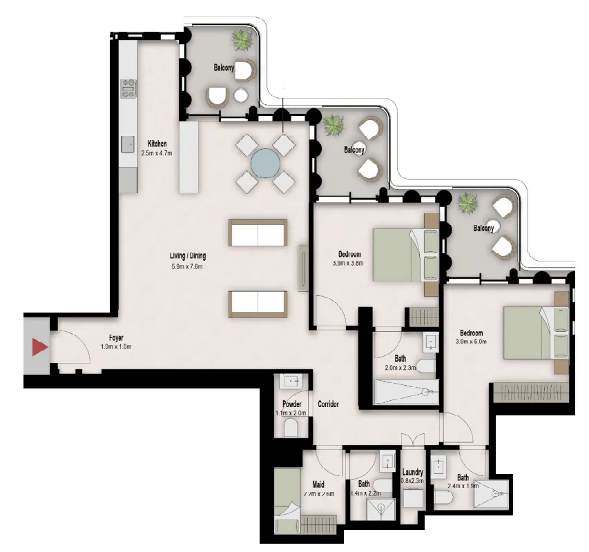 One B Tower 2 bed floor plan, 1,594 sqft