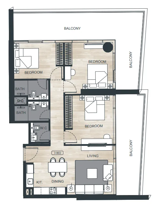 Binghatti Ghost 3 bed floor plan, 1,603 – 1,648 sqft