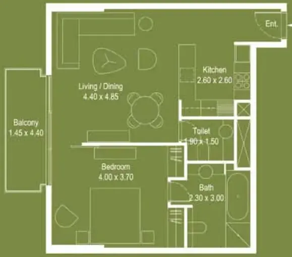 Mont Rose 1 bed floor plan, 760 sqft