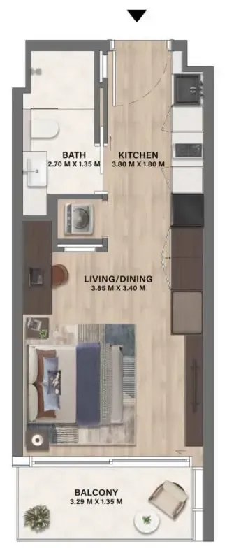 Mövenpick Residences Dubai Motor City Phase 1 Studio floor plan, 357 sqft