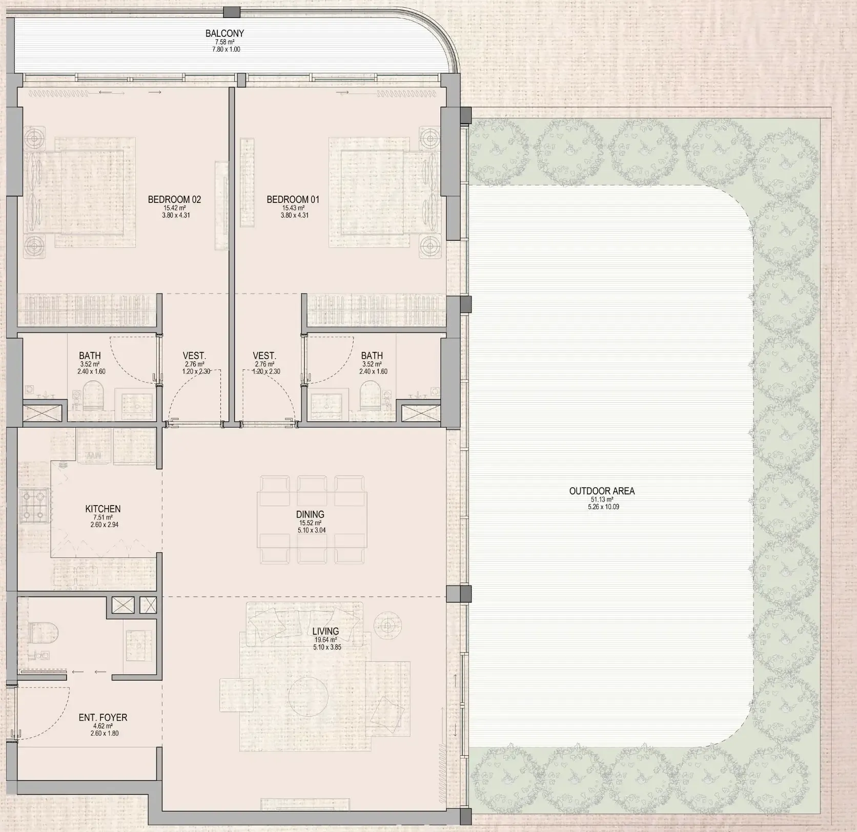 Grandala 2 bed floor plan, 2,099 sqft