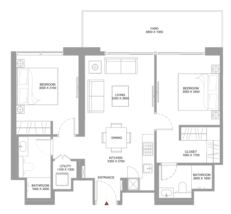 Coastline Beach Residences 2 bed floor plan, 906 sqft