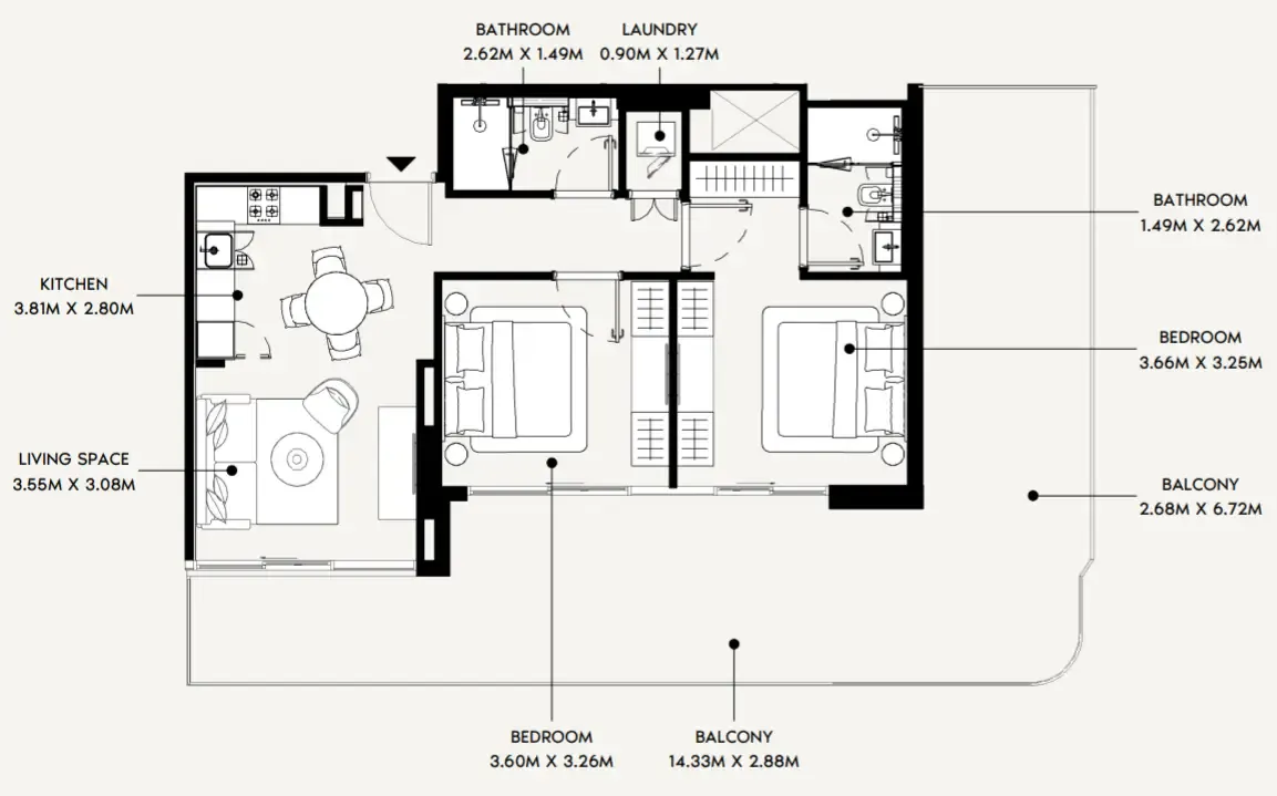 Azizi David 2 bed floor plan, 1,365 sqft