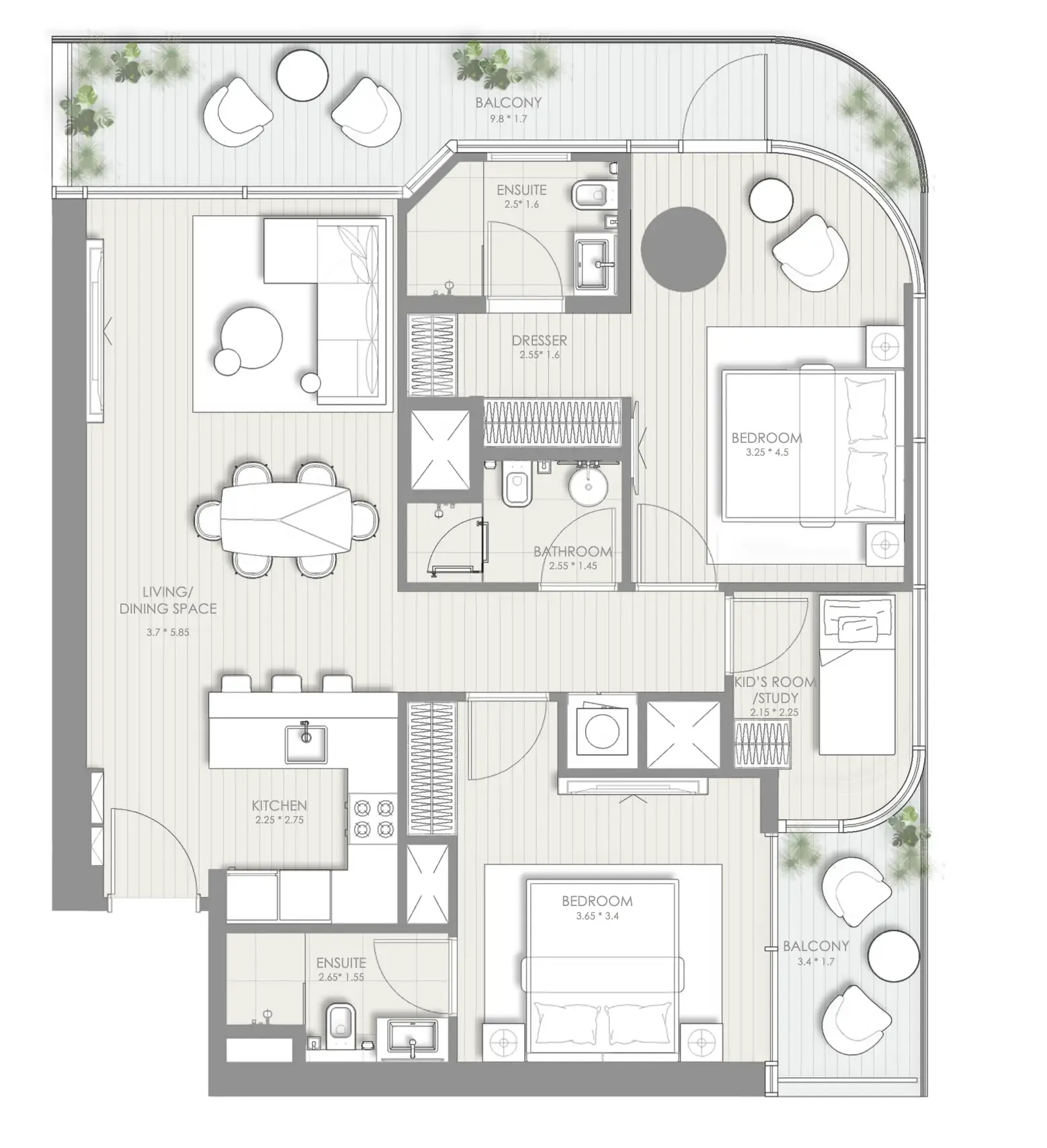 Sol Luxe 2 bed floor plan, 1,257 sqft