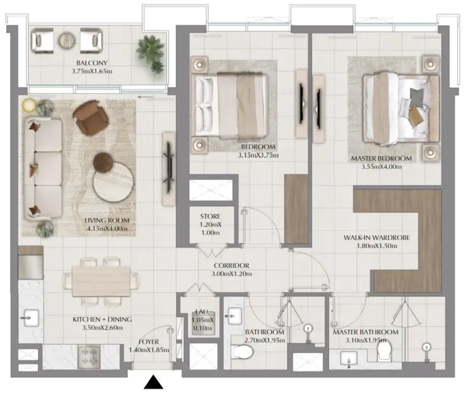 Terra Gardens 2 bed floor plan, 1,115 sqft