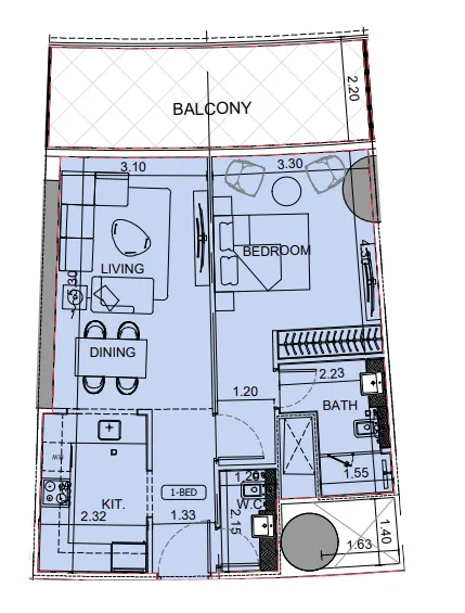 Binghatti Aquarise 1 bed floor plan, 813 sqft
