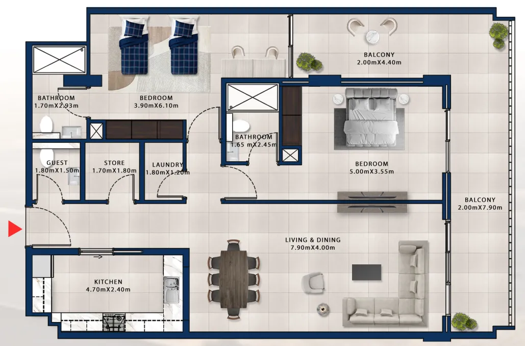 Asayel Avenue 2 bed floor plan, 1,598 sqft