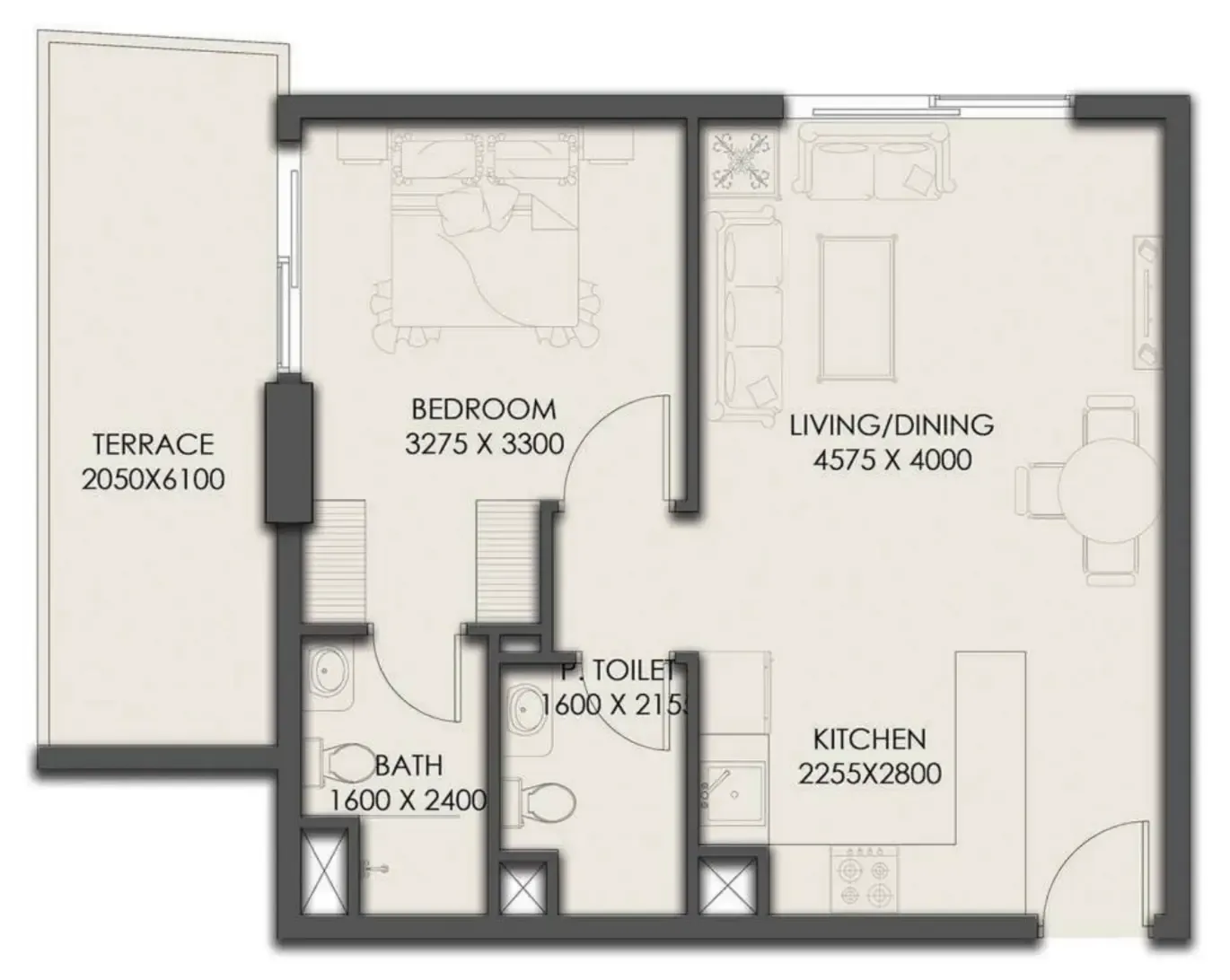 Park Residency 1 bed floor plan, 691 sqft