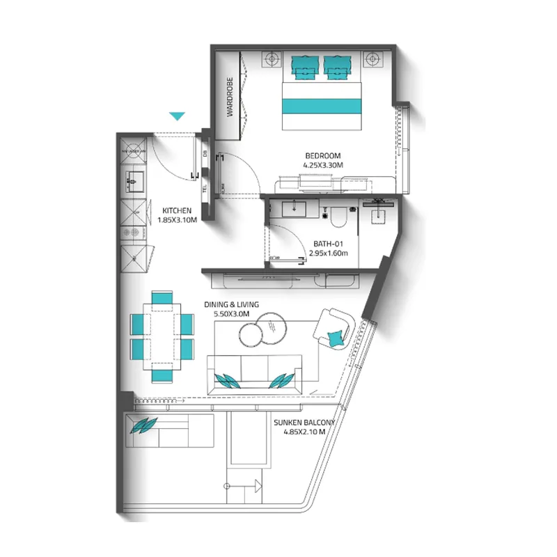 Reef 998 1 bed floor plan, 623 sqft