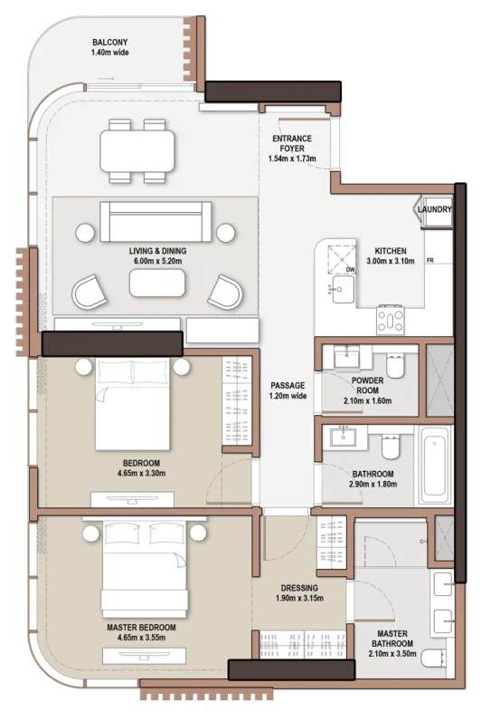 The Edit at d3 2 bed floor plan, 1,266 sqft