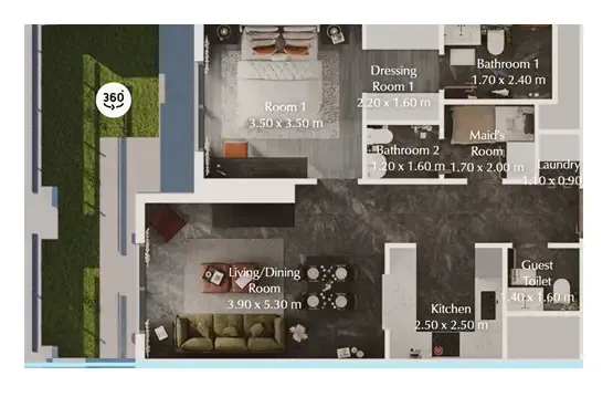 Bab Al Qasr Garden Residences 65 1 bed floor plan, 907 sqft
