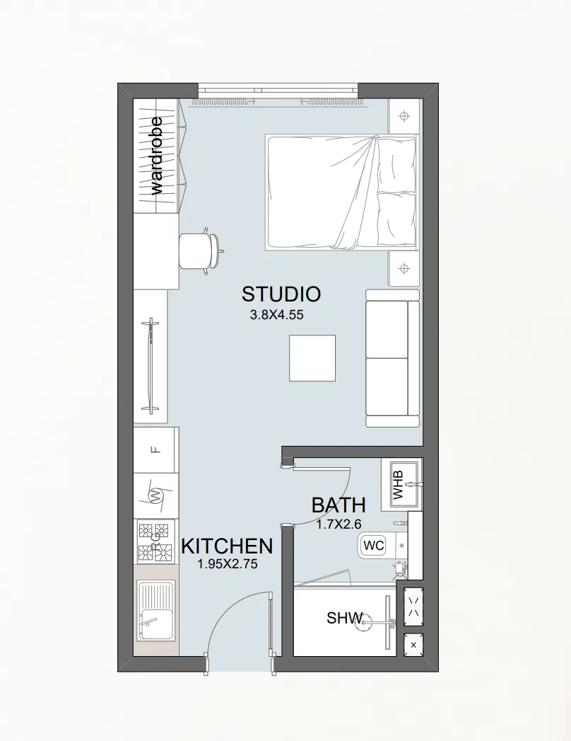Reportage Towers Studio floor plan, 383 sqft