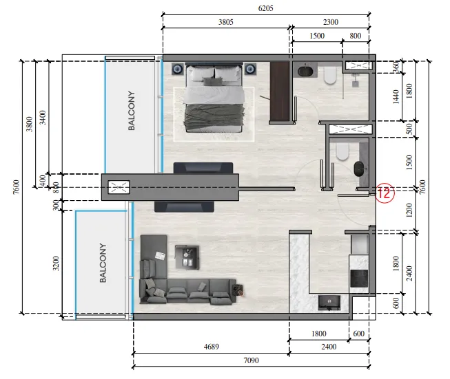 Auresta Tower 1 bed floor plan, 683 sqft