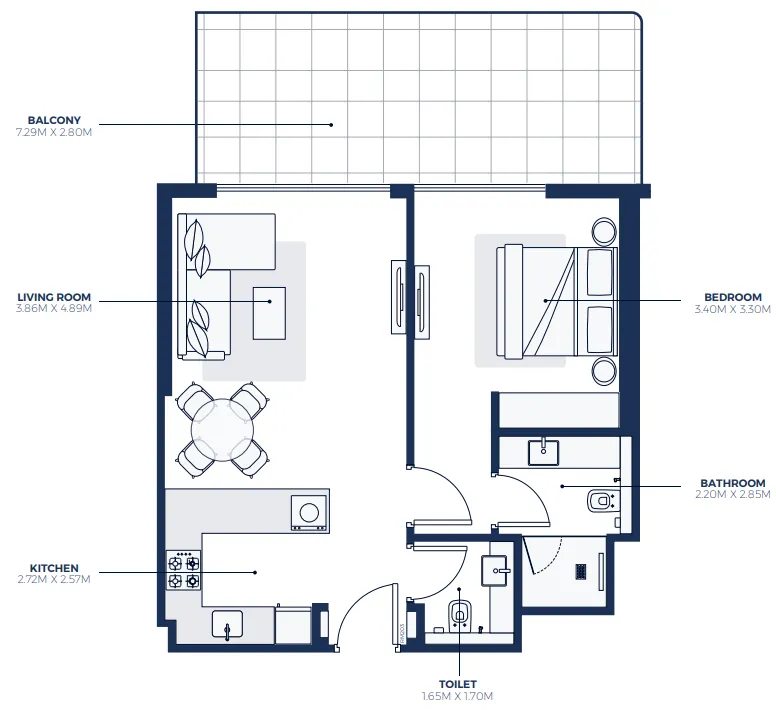 Creek Views 3 1 bed floor plan, 854 sqft