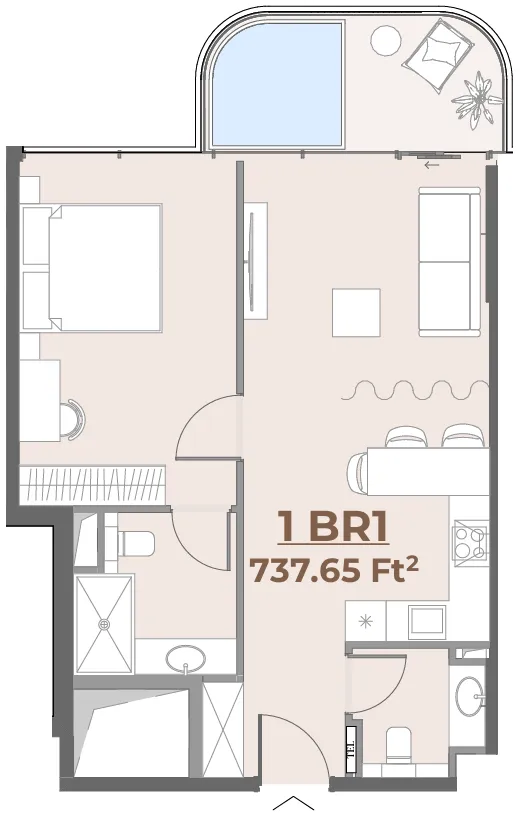 House of WELL 1 bed floor plan, 732 sqft