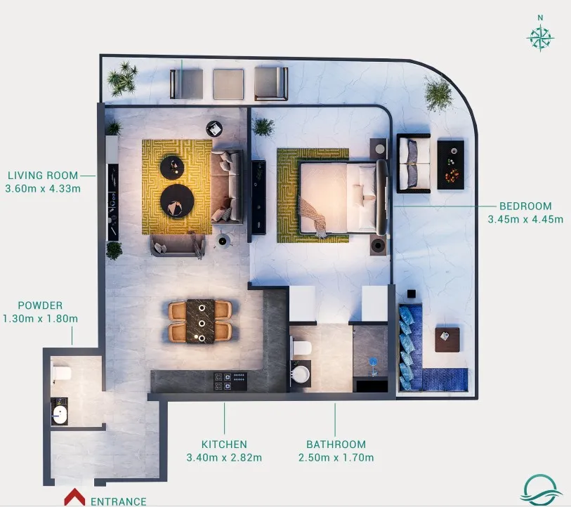 Milos 1 bed floor plan, 946 sqft