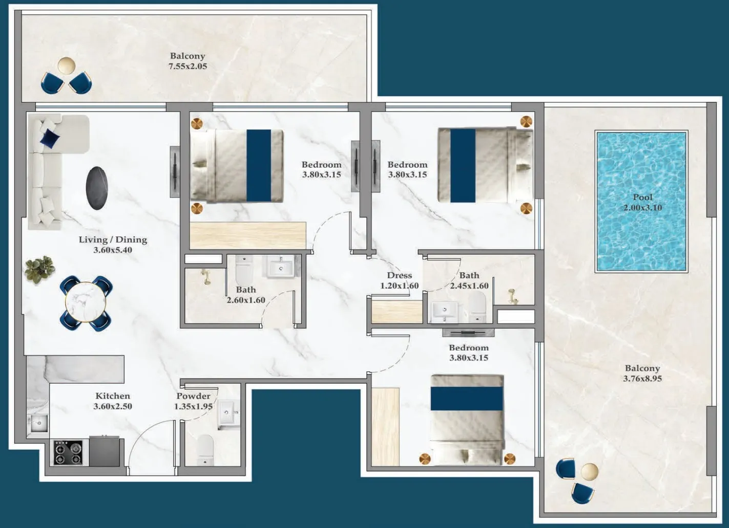 Timez 3 bed floor plan, 1,392 – 1,419 sqft