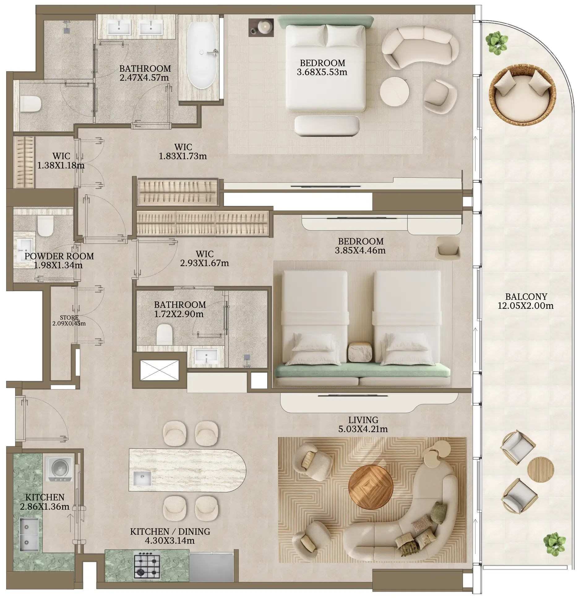 Nasim Al Bahr Residences 2 bed floor plan, 1,632 sqft