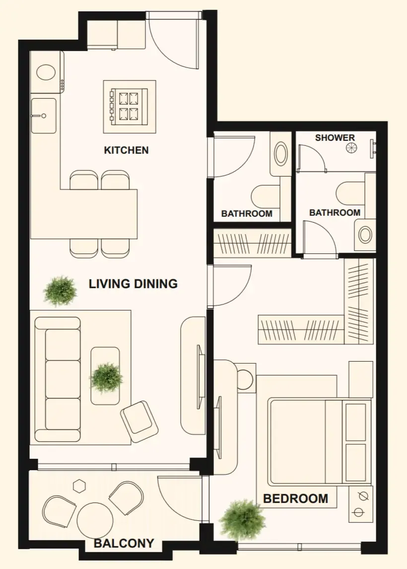 The Elysian 1 bed floor plan, 717 sqft