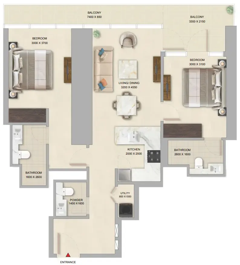 The Pinnacle at Sobha Central 2 bed floor plan, 1,086 sqft