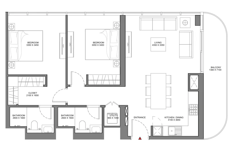 Beach Residences at Siniya Island 2 bed floor plan, 992 sqft