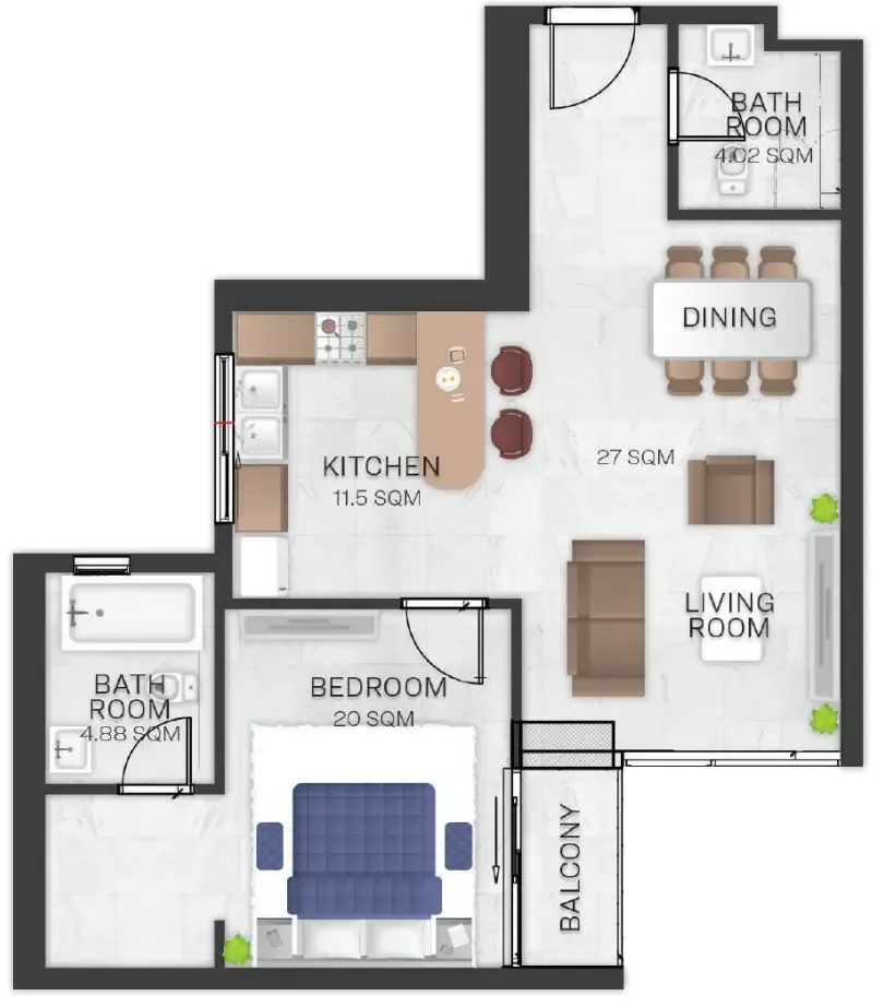 Bluebell Residence 1 bed floor plan, 1,165 – 1,181 sqft