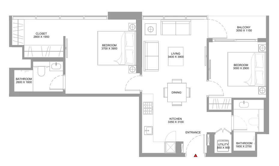 Starline Beach Residences 2 bed floor plan, 839 sqft