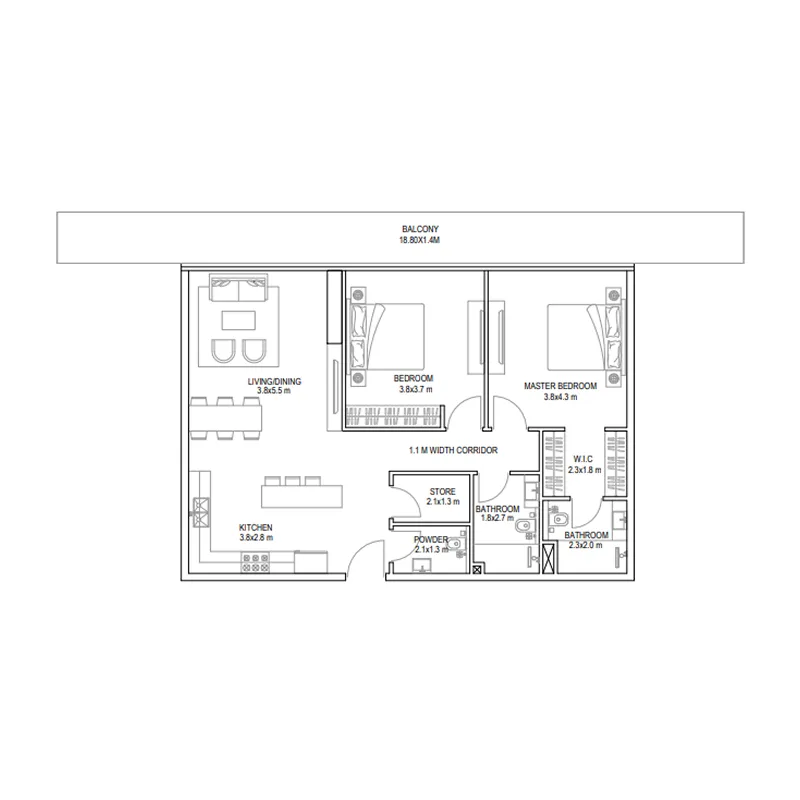 Golf Place 2 bed floor plan, 1,440 sqft