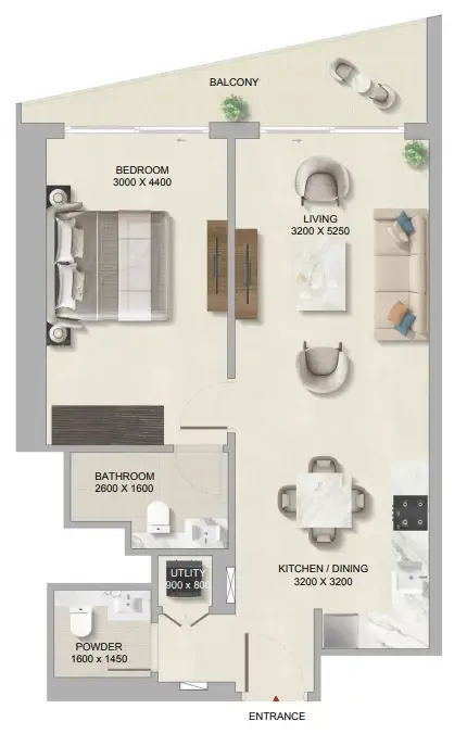The Tranquil at Sobha Central 1 bed floor plan, 749 sqft
