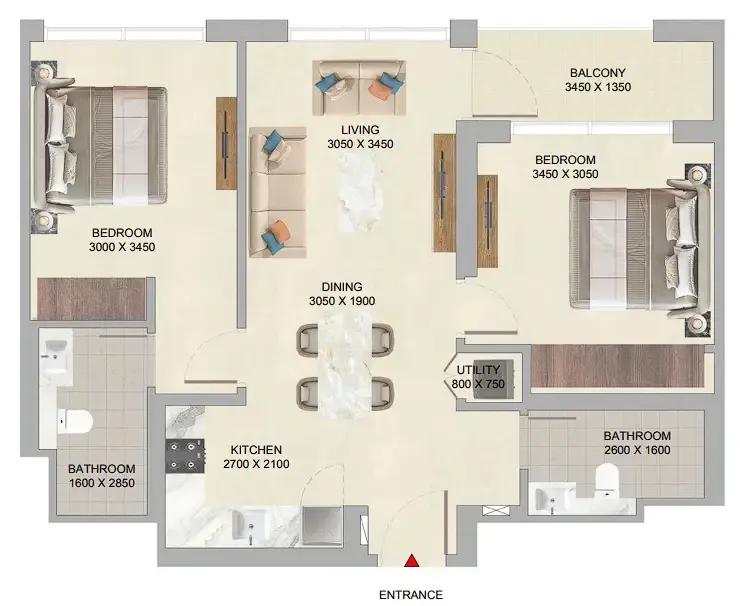 The Woods Abode at Sobha Sanctuary 2 bed floor plan, 864 sqft