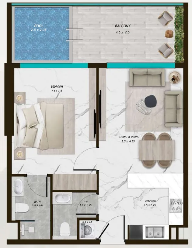 Samana Parkville 1 bed floor plan, 764 sqft