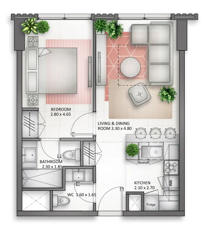 Al Mamsha Sharjah 1 bed floor plan, 665 – 733 sqft