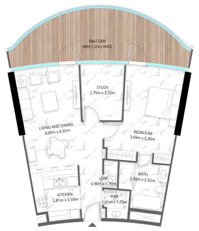 Aqua Arc 1 bed floor plan, 1,308 sqft