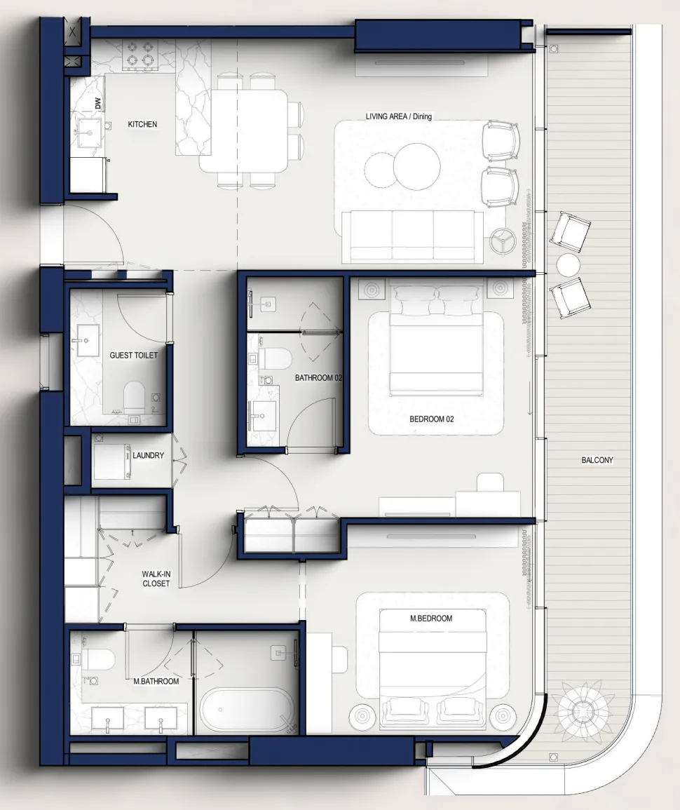 Hilton Residences 2 bed floor plan, 1,209 sqft