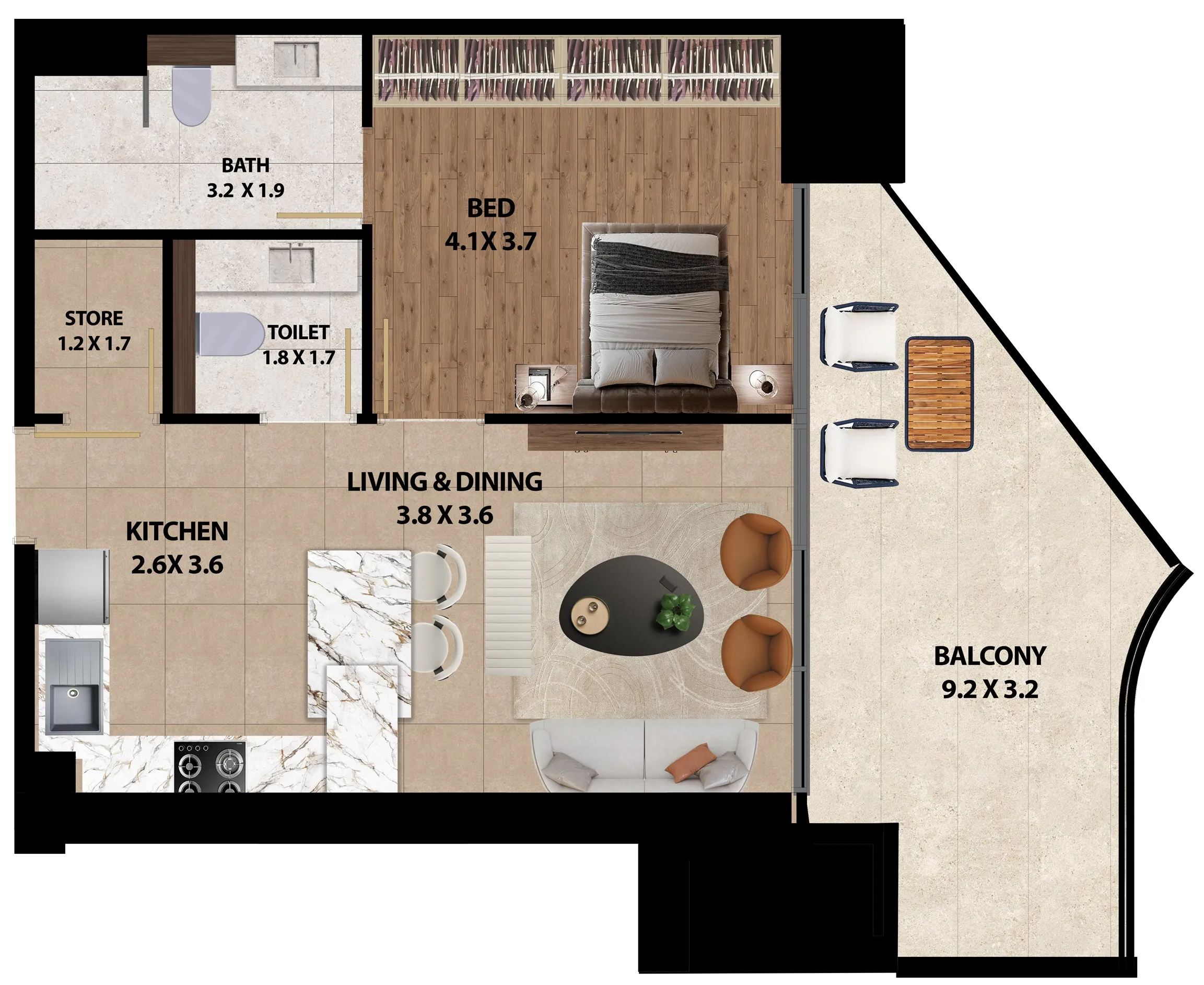 Marquis One 1 bed floor plan, 883 sqft