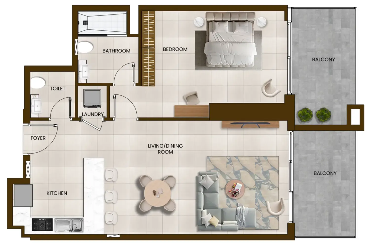 Butterfly Towers 1 bed floor plan, 945 sqft